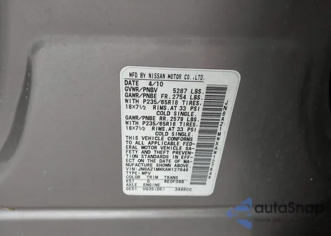 2010 Nissan Murano Sl из США, поврежденный, VIN JN8AZ1MWXAW127646